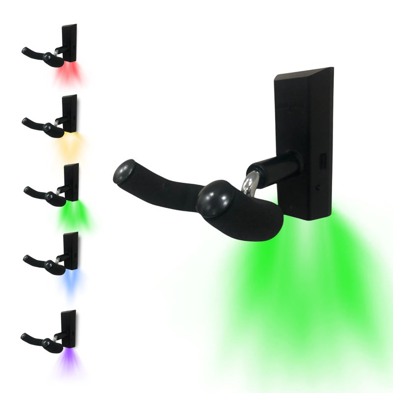 MuzicLight Light Up Wide Neck Guitar Wall Mount Bracket or Holder for Electric Guitars, 7 String Bass, or Concert Acoustic Guitars Using LED for Guitar Display with Ambient Surround Lighting - Image 1